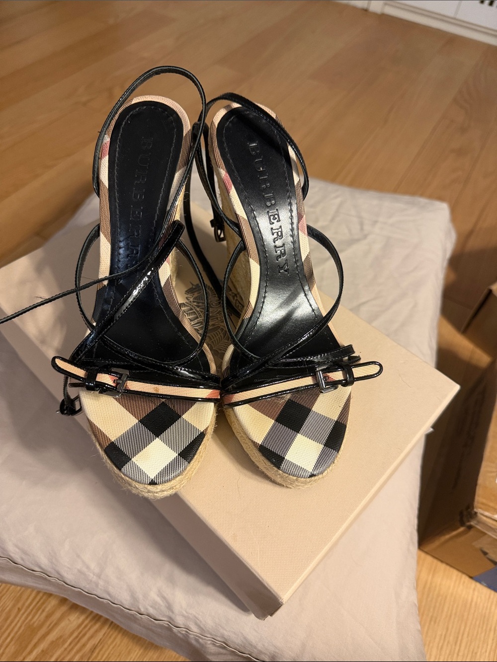 Burberry Black Patent Leather & Nova Check Espadrille Wedge Sandals